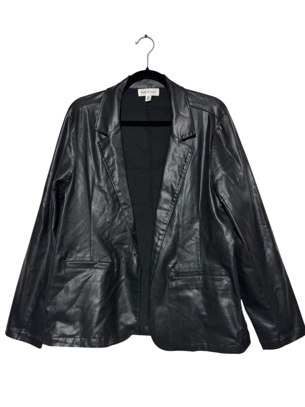 Cloth & Stone Black Faux Leather Blazer Jacket Women Size Large Edgy Stretch